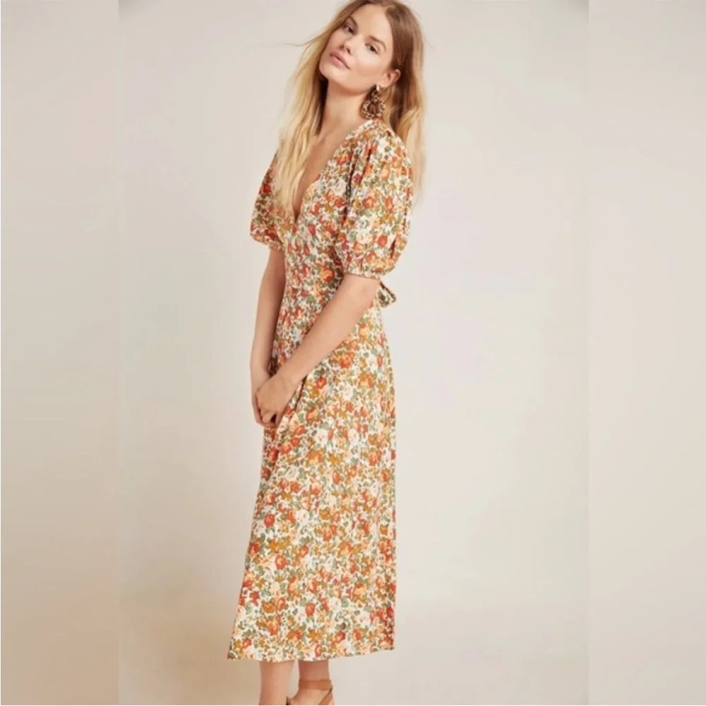 Faithfull the Brand‎ Anthropologie Delia Midi Dress in Floral Le Rose Apricot 6
